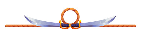 Marine and nautical divider, corsair border frame, piracy decoration. Cartoon vector pirate emblem featuring two crossed cutlasses joined by a central coiled rope circle and horizontal rope lineのイラスト素材