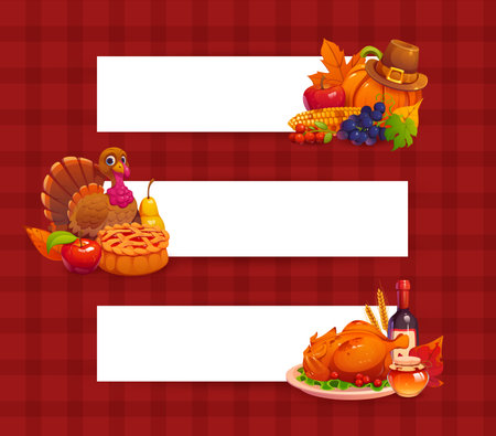Happy Thanksgiving holiday banners with autumn leaves and funny turkey, cartoon vector. Thanksgiving banners with autumn seasonal harvest fruits, pumpkins, apple pie, and berries, wine and pilgrim hatのイラスト素材