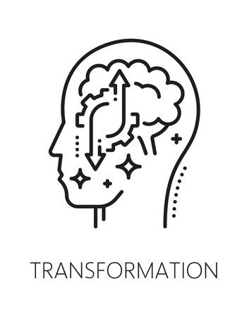 Transformation mental health, psychology line icon or pictogram. Psychology thin line vector icon, cognitive disorder lineart symbol. Mental health sign with head silhouette, brain and cogwheelsのイラスト素材