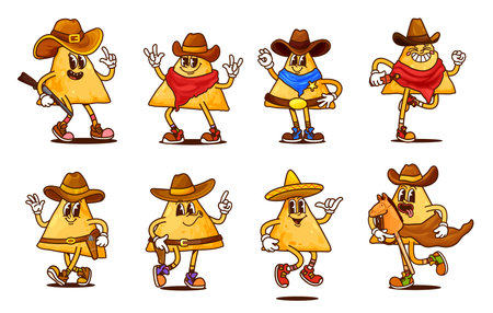 Cartoon groovy mexican nachos chips cowboy characters. Cute hippie corn tortilla snack food vector personages of retro groovy mexican nachos with Wild West cowboy hats, Western sheriff or bandit gunsのイラスト素材