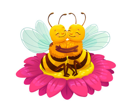 Cartoon cheerful honey bee characters couple hugging each other while sitting on a bright pink flower. Cute vector insects pair personages in love exude romantic springtime vibe. Apiary or love symbolのイラスト素材