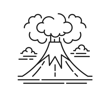 Erupting volcano landscape line icon or pictogram. Environment and nature landscape element or thin line vector symbol, travel scene pictogram. Natural disaster icon with exploding volcano mountainのイラスト素材