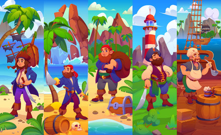 Cartoon pirate and corsair ship crew characters collage, vector Caribbean adventure. Pirate captain with treasure chest, boatswain with barrel and ship cook, sailor skipper and sunken pirate sailboatのイラスト素材