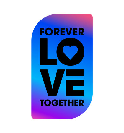 Forever love hologram retro Y2K sticker or tag. Metallic color iridescent retro label, reflective foil Y2K vector patch. Glossy holographic romantic tag or sticker with vertical typography, love heartのイラスト素材