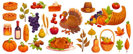 Happy Thanksgiving holiday characters and harvest food, vector autumn feast. Cartoon Thanksgiving Day dinner turkey, pumpkin pies and fall leaves, harvest cornucopia, vegetables, pilgrim hat and wineのイラスト素材
