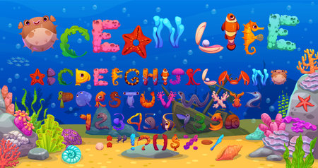 Underwater font or sea animals typeface of cartoon ocean characters, vector type. Marine English alphabet letters and undersea font of fishes, seahorse and shells with jellyfish, crab and funny turtleのイラスト素材
