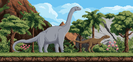 8bit pixel art game prehistoric dinosaurs. Extinct dino animal retro videogame pixel vector background, 2D arcade game pixelated landscape with brontosaurus and raptor dinosaurs, trees and mountainsのイラスト素材