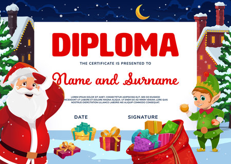 Kids Christmas diploma template with Santa Claus and happy smiling elf, red bag with gift boxes on winter snow. Night blue sky and snowy houses, decorated pine trees, holiday certificateのイラスト素材