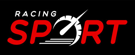 Race car, motocross championship sticker or patch. Speed drive competition sticker, rally motorsport decal vector patch. Car racing championship tag with speedometer white gauge and red typographyのイラスト素材