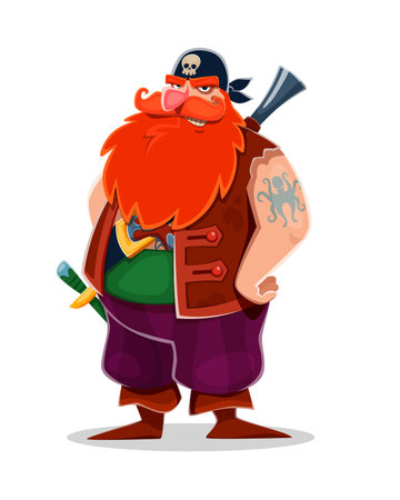 Corsair pirate redhead sailor cartoon character. Strong and muscular pirate isolated vector character with big red beard and kraken octopus tattoo, wearing bandana, armed with musket rifle and swordのイラスト素材