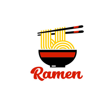Asian cuisine cafe ramen noodle icon or badge. Chinese fast food ramen sign, Asian cuisine restaurant vector emblem. Japanese food cafe menu symbol with bowl, chopsticks and handwritten typographyのイラスト素材