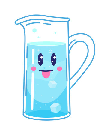 Cartoon fresh water refreshing beverage glass pitcher funny character. Clean mineral water glass character, pure beverage cheerful isolated vector mascot. Fresh cold drink with ice cute personageのイラスト素材