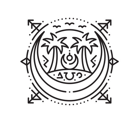 Pirate treasure island esoteric line symbol. Buccaneer nautical esoteric linear vector tattoo, corsair magic thin line symbol. Filibuster pirate marine tarot outline sign with palm trees on beachのイラスト素材