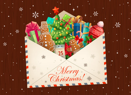 Christmas Santa letter envelope packed with festive gingerbread snowman, gift box with ribbons, evergreen tree, holly sprigs and snowflakes. Cartoon vector festive holiday envelope with Xmas giftsのイラスト素材