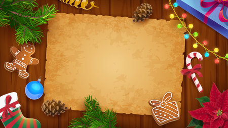Merry Christmas paper old parchment scroll on wooden background, surrounded by festive pine branch, cones, gingerbread cookies, poinsettia, stocking and Christmas lights. Xmas vector template top viewのイラスト素材