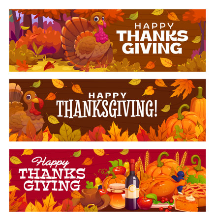 Happy Thanksgiving banners with cartoon turkey, ripe pumpkins, corn cob and holiday pie. Pilgrim hat, honey jar, wine bottle or raw apples and autumn season fall leaves on Thanksgiving vector bannersのイラスト素材