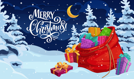 Christmas gifts bag on the snow. Cartoon greeting card with presents, ribbon bows, red sack, blue tree under snow. Winter holiday banner with merry Christmas quote, moon and stars in night skyのイラスト素材