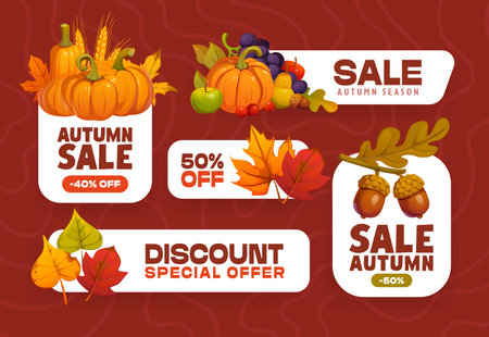 Autumn season sale and discount tag labels, oak acorns and autumn leaves, pumpkins, grapes and apples. Fall season shop discount, festive packaging or holiday advertisement for autumn sale vector tagsのイラスト素材