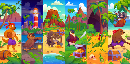 Cartoon animal pirate characters and corsair ship crew collage, vector personages. Caribbean pirate animal characters on treasure island, porcupine corsair or beaver boatswain and penguin captainのイラスト素材