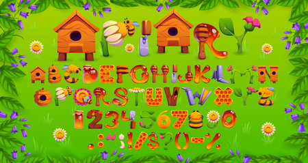 Honey bee font letters, apiary beekeeping typeface English alphabet. Cartoon vector abc symbols and numbers with a honeybee beehives, honey, bees, flowers, and garden tools on a green field backgroundのイラスト素材