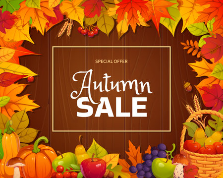 Autumn fall sale vector banner with wooden background surrounded by seasonal harvest of fruits, mushrooms, pumpkins, wheat ears and red, orange and yellow leaves. Thanksgiving holiday discount sale.のイラスト素材