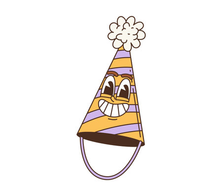 Retro cartoon groovy Christmas striped party hat vector character in orange and purple with a fluffy white pompom on top. Xmas personage, Christmas holiday party icon. Cute vector festive birthday capのイラスト素材