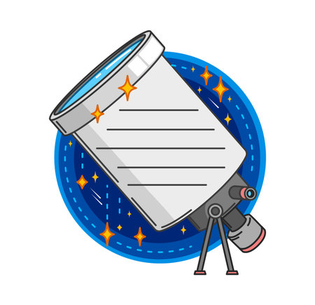 Sky and space kids memo note frame. Cartoon vector notepad page as a telescope standing on a tripod against a starry blue circular background. Playful label for astronomy, exploration and discoveryのイラスト素材