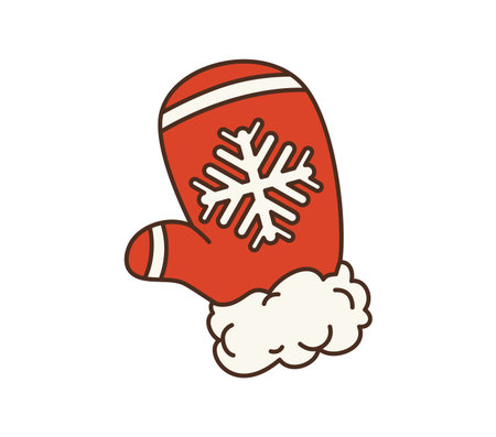 Retro cartoon groovy Christmas red winter mitten with white snowflake emblem and fluffy cream cuff. Winter seasonal cozy sticker. Isolated vector festive winter clothes. Knit holiday warm gloveのイラスト素材