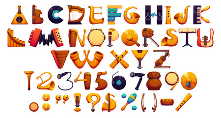 Cartoon musical font of music instruments typeface, entertainment funny type, vector English alphabet. Font of musical instrument letters with guitar, violin or piano and folk music typeface for ABCのイラスト素材