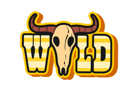 Wild West and western Y2K groovy sticker. Texas history Y2K vector tag, western country culture groovy label. Wild West ranch and rodeo sticker or patch with longhorn bull skull and golden typographyのイラスト素材