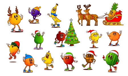 Cartoon groovy Christmas fruit characters dressed for festive celebration. Vector cheerful ripe and fresh fruits with reindeer, sleigh, decorated tree, hats and scarves exudes winter holiday spiritのイラスト素材