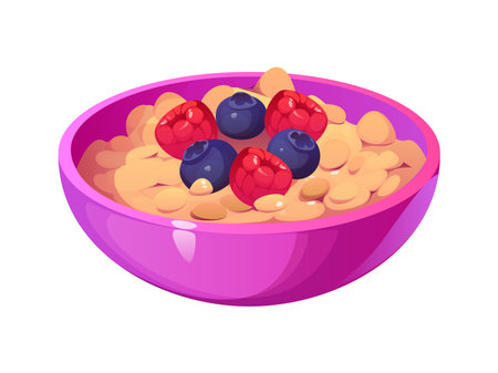 Oatmeal porridge bowl icon, food cooking process and breakfast meal, isolated vector. Oatmeal porridge or muesli with berries for healthy food cooking or meal processing and preparation kitchenwareのイラスト素材