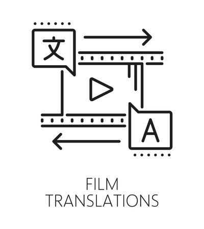 English language film translation line icon or sign. Language vocabulary thin line vector pictogram, English language translation symbol. Foreign speech translate sign with movie film and play buttonのイラスト素材