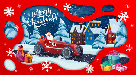 Christmas paper cut banner with Santa on racing car, winter town landscape. Red vector holiday card with pine trees and gift boxes on the snow. Santa Claus in costume ride car with orange squirrelのイラスト素材