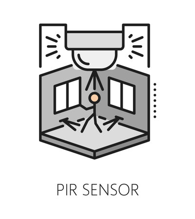 Home security PIR sensor color line icon or label. House protection technology thin line vector icon, home alarm service lineart sign. Safety company symbol with movement detection infrared sensorのイラスト素材
