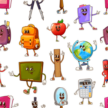Groovy school education stationery characters vector seamless pattern. Orange backpack, funky chalkboard, funny globe, happy apple, wooden ruler and magnifying glass, cheerful calculator y2k suppliesのイラスト素材