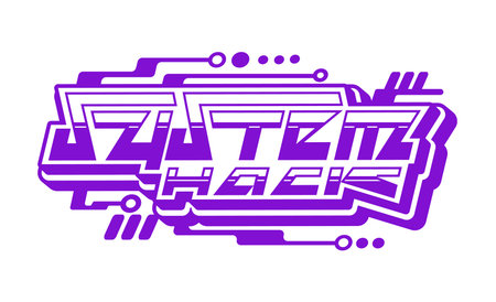 Computer system hack and technology vintage Y2K icon or sign. Software company 60s 70s vector element, computer cyber security Y2K sign. Digital technology icon with futuristic abstract typographyのイラスト素材