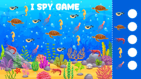 I spy game worksheet with sea animals. Vector worksheet for kids with cartoon underwater marine life and coral reef. Count sea creatures like pufferfish, turtle, shrimp, seahorse and squid in an oceanのイラスト素材