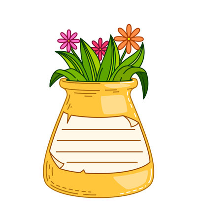 Jar, glass bottle and containers with kids memo note frame. Cute cartoon vector vase with flowers and blank label with lines for messages. Template for planners, journaling, scrapbook or to do listのイラスト素材
