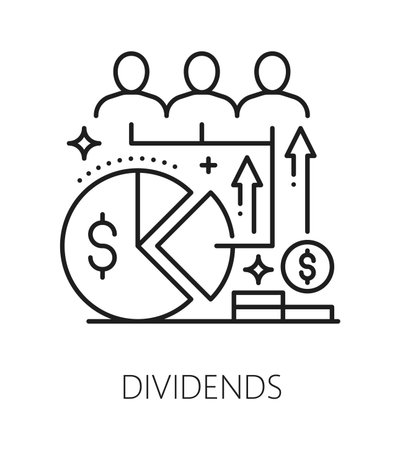 Investment dividends, finance line icon or pictogram. Business investor company vector icon, capital dividends outline symbol. Investment fund pictogram with shareholders dividend parts graph diagramのイラスト素材