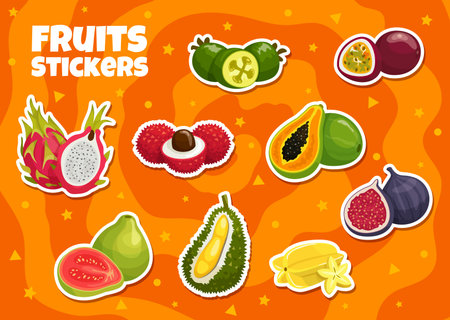 Cartoon tropical fruit stickers of guava, papaya, mango and exotic durian, vector pack. Tropical fruits stickers of whole and cut figs, starfruit carambola, passion fruit and rambutan or mangosteenのイラスト素材