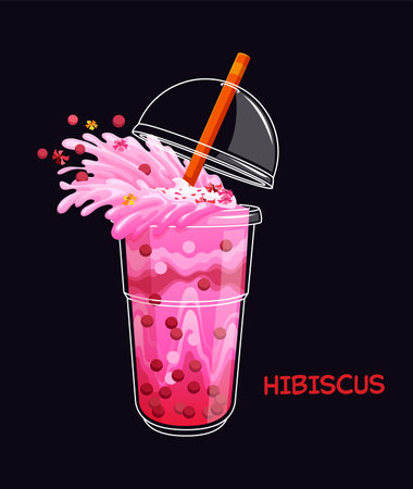 Cartoon milk hibiscus bubble tea drink glass with pink splash. Takeaway boba drink vector cup, street cafe sweet bubble tea beverage. Fast food milkshake cocktail with lid, pink milk splash and strawのイラスト素材