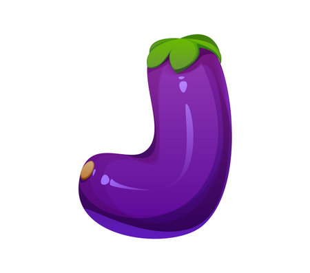 cartoon letter j shaped like eggplant, agriculture typeface, farm font, harvest type, funny English alphabet features glossy purple vegetable with a green cap. Vector healthy food, farming, plant abcのイラスト素材