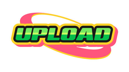 Upload Y2K groovy sticker or vintage label. Retro online technology cartoon vector label, vintage funky sticker. 2000s PC web and Internet software groovy tag or patch with colorful typography wordのイラスト素材