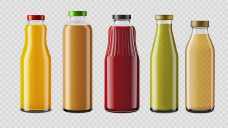 Realistic glass juice drink bottles for branding and packaging design. Vector 3d orange and apple, pear and apricot, grape and mango juice fruit beverage transparent glass bottle and jar containersのイラスト素材