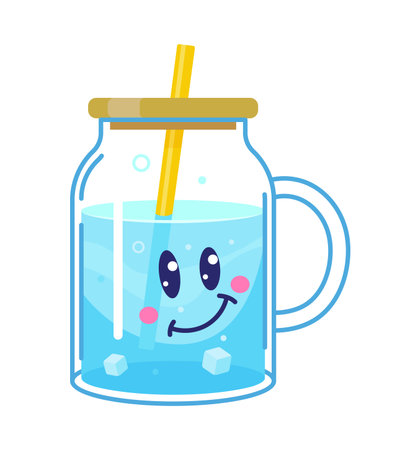 Cartoon water sparkling drink glass jug funny character. Carbonated aqua funny character, clean mineral water bottle with straw cute isolated vector personage. Cold drink cup happy cartoon mascotのイラスト素材