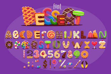 Cartoon dessert font, bakery typeface, sweet candy type, pastry and confectionery english alphabet. Cute letters and numbers font vector typography of cake, donut, cookie, chocolate and pie dessertsのイラスト素材