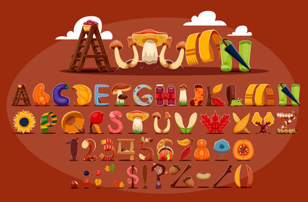 Cartoon autumn font, fall typeface, Thanksgiving harvest type, autumn english alphabet letters and numbers vector typography. Cute falling leaves, mushroom, umbrella and boots font alphabet symbolsのイラスト素材