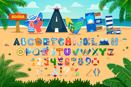 Summer travel font, beach vacation typeface, tourism type, cartoon english alphabet letters and numbers in palm tree leaves vector frame. Summer vacation and travel font abc characters and symbolsのイラスト素材