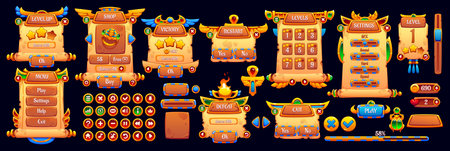 Egypt game bar asset, vector UI panels and boards. Cartoon interface elements of scroll shaped menu, golden buttons, victory defeat screen, shop and progress bar. Ancient Egypt game papyrus frames setのイラスト素材